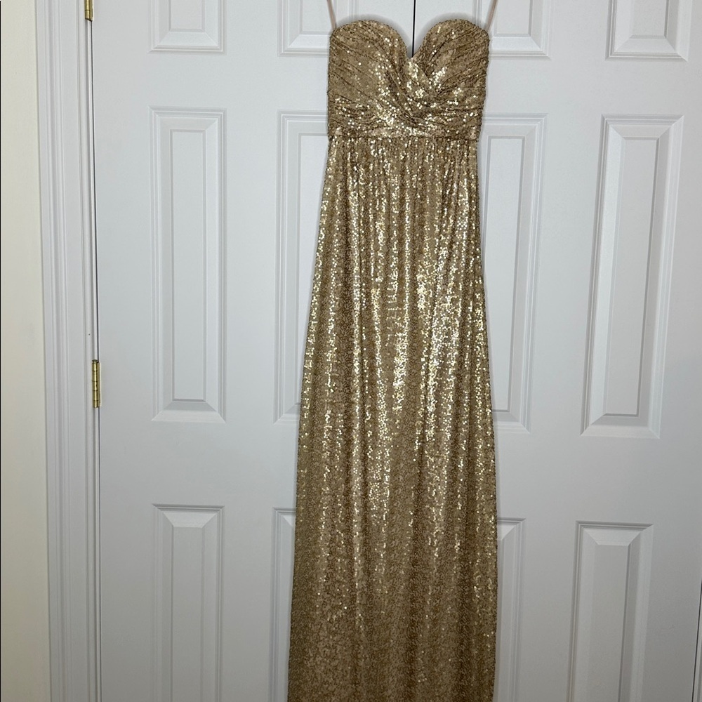 Amsale Gold Sequin Strapless Gown Formal Maxi Dress Bridesmaid Sz2 - Picture 2 of 5